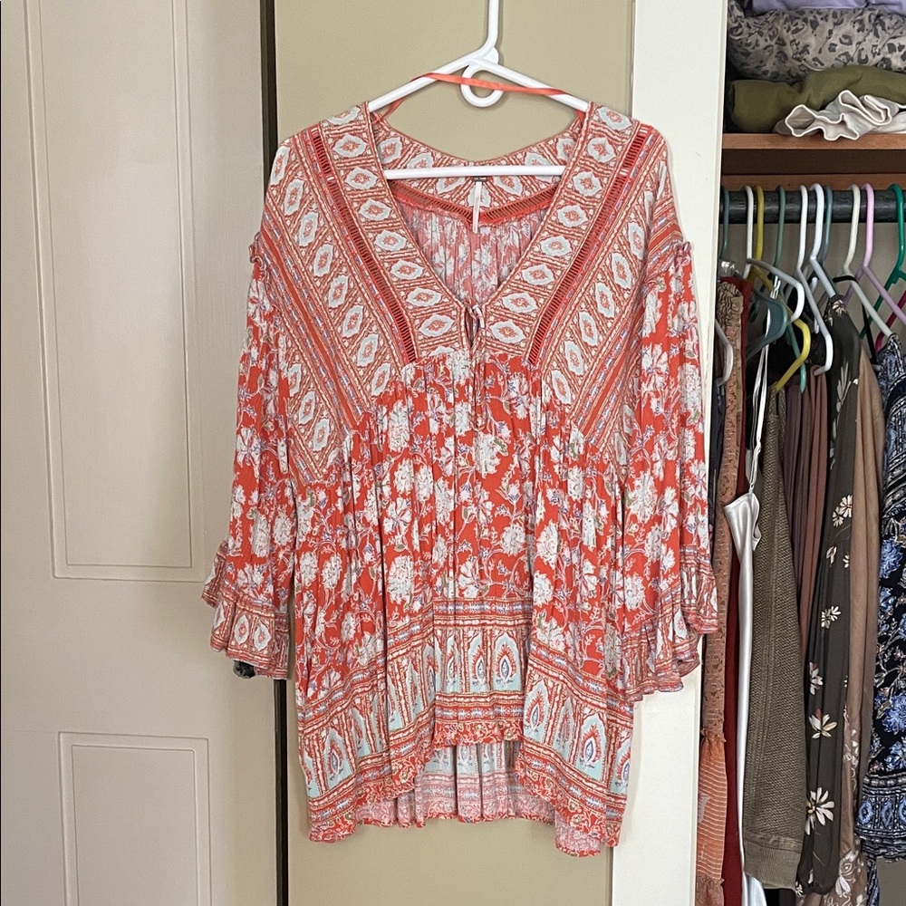 Free People Orange and White Floral Tunic